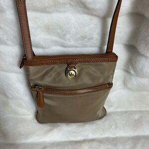 Michael Kors khaki Nylon crossbody bag with brown leather trim &adjustable strap